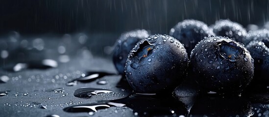 Poster - Juicy blueberries glistening with water droplets on a dark surface with ample empty space for overlay text or branding ideas