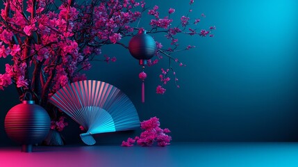 Poster - Mesmerizing Chinese Fan and Glowing Lanterns with Smooth Backdrop 3D Elegant and atmospheric scene with captivating oriental design and vibrant colors