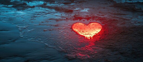 Poster - Glowing red heart shape on sandy seashore at dusk with vibrant colors and space for text showcasing love and romance themes