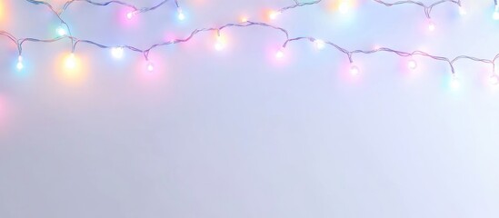 Poster - Colorful neon fairy lights on a white background creating a festive atmosphere with ample space for text or creative designs.