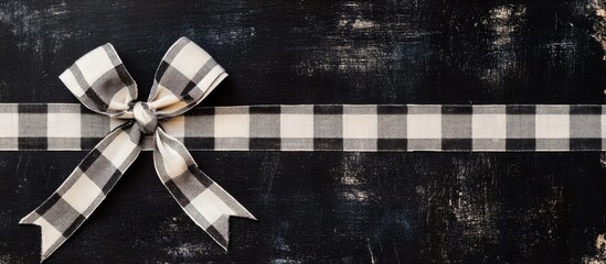 Black gift wrapping paper adorned with a checkered ribbon creating a festive layout with ample empty space for personalized text or messages