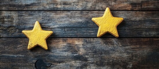 Poster - golden star decorations on rustic wooden surface with empty space for text ideal for celebration and