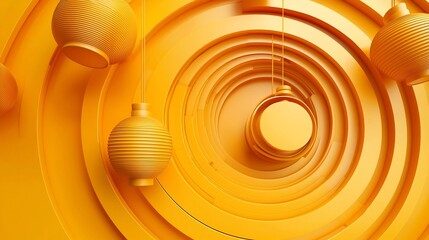 Poster - Sophisticated 3D featuring a circular arrangement of shiny gold ingots and glowing lanterns against a clean minimalist seamless background with reserved text placeholder space