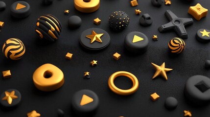 Poster - Glowing golden prosperity symbols with balanced modern text layout in a sleek elegant 3D Depicting success wealth and financial achievement through a visually striking contemporary design