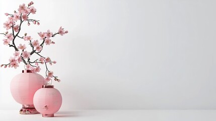 Poster - Vibrant and dynamic lanterns with ethereal cherry blossoms in a clean minimalist 3D composition  This digital render showcases a serene and captivating festival or scene