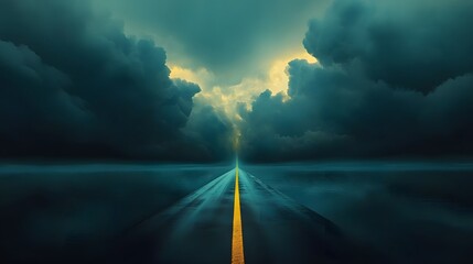 Wall Mural - Yellow Line Road Leading Through Dark Cloudscape