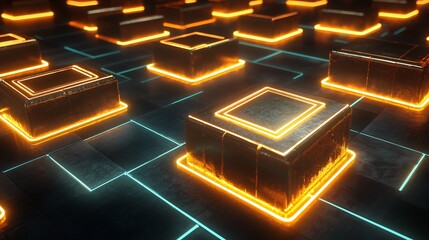 Poster - Shimmering Gold Ingots and Vibrant Prosperity Symbols Illuminated in a Sleek Text Friendly 3D Background