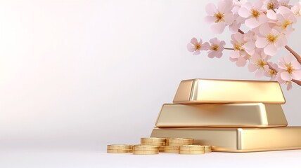 Poster - Luxurious gold ingots set against a backdrop of delicate cherry blossoms on a bright clean white surface  The image conveys a sense of wealth prosperity