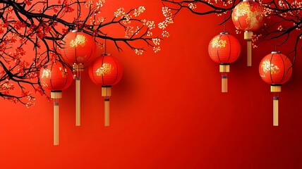 Poster - Elegant Chinese lanterns gracefully illuminating a clean red background creating a vibrant and festive atmosphere with a central text placeholder for customization