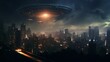 © ChrisTYCat - Mysterious extraterrestrial spacecraft silently hovering over a bustling metropolitan area at night its otherworldly glow casting an eerie light upon the glittering cityscape below