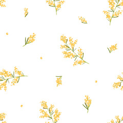 Fototapete - Mimosa branches, floral pattern. Seamless background, yellow flowers, spring nature, botanical design. Repeating print for fabric, textile, wallpaper, wrapping paper. Flat vector illustration