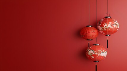 Poster - Vibrant 3D of Traditional Chinese Lanterns Hanging Against a Clean Red Background with a Central Text Placeholder for Festive Advertising