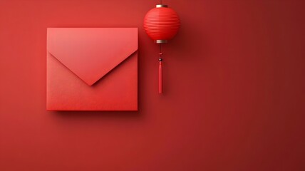 Poster - Vibrant Red Envelopes and Glowing Lanterns on Minimalist 3D Backdrop with Reserved Text Field for Chinese New Year or Other Festive