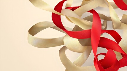 Poster - Captivating 3D featuring elegant red and gold ribbons forming abstract dynamic shapes with a spacious text field creating a visually stunning and sophisticated design