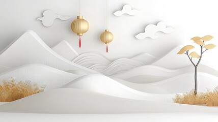 Poster - Captivating 3D showcasing glowing paper lanterns floating amidst swirling golden waves on a serene and minimalist white background creating a tranquil and ethereal atmosphere