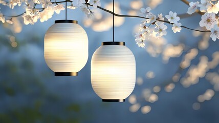 Poster - Serene 3D of Lantern Filled Cherry Blossom Scene with Seamless Background  Elegant and Captivating Digital Artwork Perfect for Spring Themed Designs
