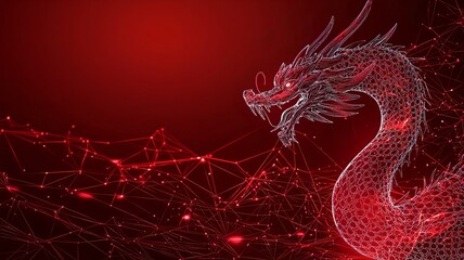 Poster - Mesmerizing Dragon Patterns and Glowing Particles on Vibrant Gradient Red Background with Reserved Text Area for Festive Clean Tone 3D