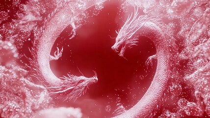 Poster - Captivating 3D featuring intricate dragon patterns and glowing particles against a vivid gradient red background with a reserved text area for added versatility