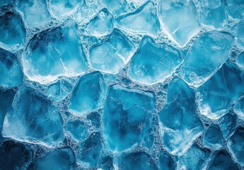 Poster - Abstract Close-Up of Crystal Clear Ice Cubes and Chunks with Bubbles and Light Reflection Showing Various Shades of Blue and Aqua in a Natural Setting