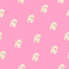 Sticker - Cute puppy, seamless canine pattern. Bichon frise breed, tiny toy dog, endless background design. Sweet doggy, pup, repeating print for textile, fabric, wrapping. Colored flat vector illustration