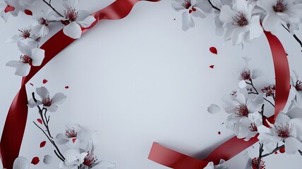 Poster - Elegant and delicate cherry blossom flowers with red ribbon framing a clean white backdrop 3D with soft textured style and copy space
