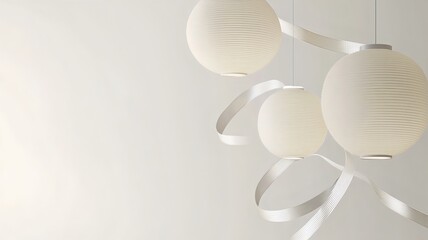 Poster - Glowing lanterns and swirling ribbons on a modern minimalist white background creating a captivating and elegant 3D