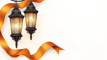 Poster - Glowing lanterns and swirling ribbons create a captivating ethereal atmosphere on a modern text friendly white layout in this 3D
