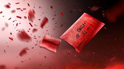Poster - Elegant 3D of red envelopes and prosperity symbols floating in a spacious clean and minimalist digital space with a serene text field