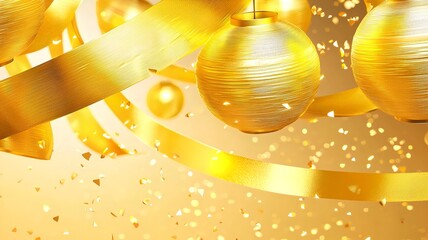 Poster - Mesmerizing Swirling Golden Ribbons with Glowing Lanterns in a Captivating 3D Abstract dynamic and visually striking composition with a text friendly layout