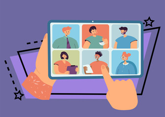 Aufkleber - Hands holding tablet with group video call on screen. Friends or colleagues having virtual conference, workplace community flat vector illustration. Communication, teamwork, technology concept