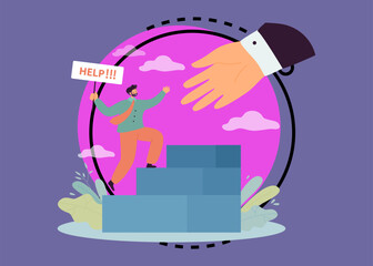 Poster - Giant hand helping businessman in social solidarity. Emergency rescue of business person with help sign, workplace community flat vector illustration. Charity, assistance, teamwork concept for banner