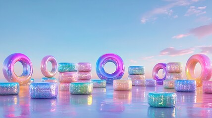 Poster - Glowing abstract symbols representing prosperity wealth and financial growth set against a gradient backdrop with a central text field  This contemporary 3D features a modern
