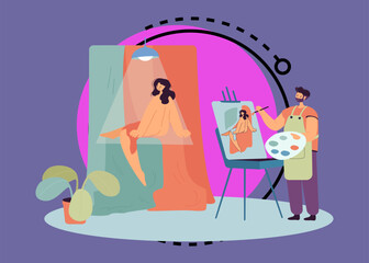 Poster - Male artist with palette painting body of naked woman on canvas. Painter drawing portrait nude model in art class flat vector illustration. Art school or studio concept for banner or landing web page