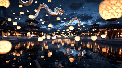 Poster - Vibrant lanterns and dynamic dragon patterns forming a clean text friendly layout in a 3D digital The composition features a modern