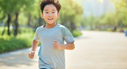 Canvas Print - Energetic young asian boy enjoying a morning run in sunny park atmosphere