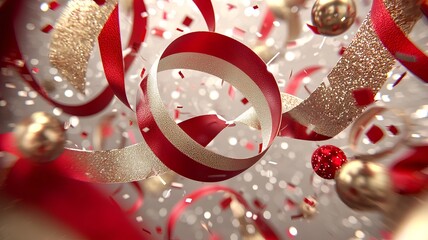 Poster - Elegant swirling gold ribbons and red accents create a modern festive 3D composition with a central blank text field perfect for holiday or designs