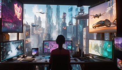 Poster - Futuristic Cityscape Viewed From A Technologists Workstation
