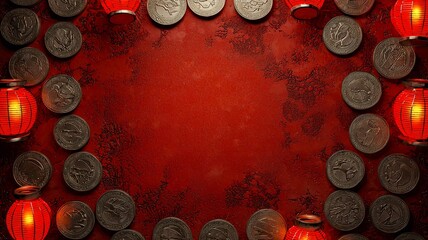 Poster - Abstract patterns of prosperity coins and glowing lanterns with a blank text area integrated presented in a 3D format