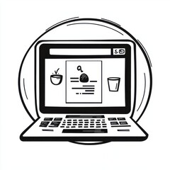 Poster - Illustration of a laptop displaying a simple webpage with a checkmark and a cup, emphasizing technology and design.