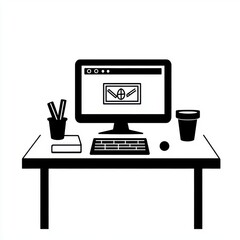 Poster - A minimalist workspace featuring a computer, stationery, and a coffee cup, ideal for productivity.