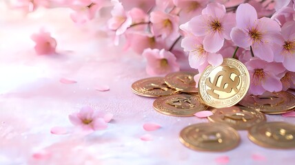 Poster - Elegant Cherry Blossoms and Prosperity Coins on Minimalist Backdrop with Text Placeholder  3D Concept of Asian Culture Wealth and Abundance