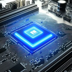 Poster - Illuminated microchip showcasing intricate circuit designs, highlighting the technology's power and complexity.