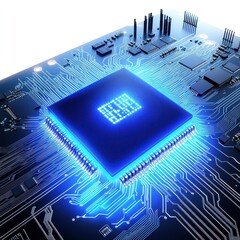 Poster - A close-up view of a futuristic microchip illuminated with blue light, showcasing intricate circuit designs.