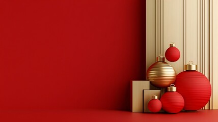 Poster - Elegant red and gold gradient lanterns with swirling decorative accents against a blank text space creating a modern and festive 3D for a variety of holiday or themes