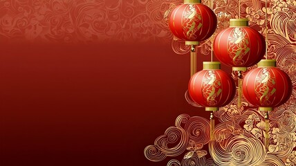 Poster - Elegant and modern 3D of red and gold lanterns with swirling accents on a gradient background creating a reserved blank text zone for festive and ceremonial occasions