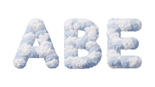 Creative A B E Alphabet Design Made of Fluffy White Clouds on Transparent Background.
