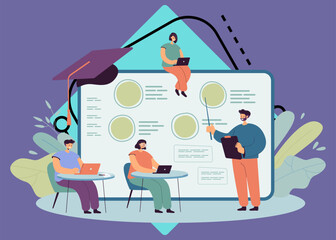 Poster - Professor teaching financial literacy in academy. Class at business school or university, students learning about cryptocurrency and trading flat vector illustration. Finances, education concept