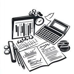Poster - An artistic monochrome illustration of a workspace with business tools and documents, reflecting productivity and focus.