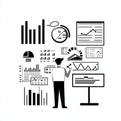 Poster - A male figure analyzing data visualizations on a screen, showcasing trends and statistics in a modern workspace.