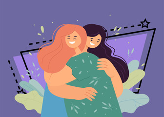 Poster - Two happy female cartoon friends hugging. Woman showing affection by putting arms around friend flat vector illustration. Love, friendship, communication concept for banner or landing web page